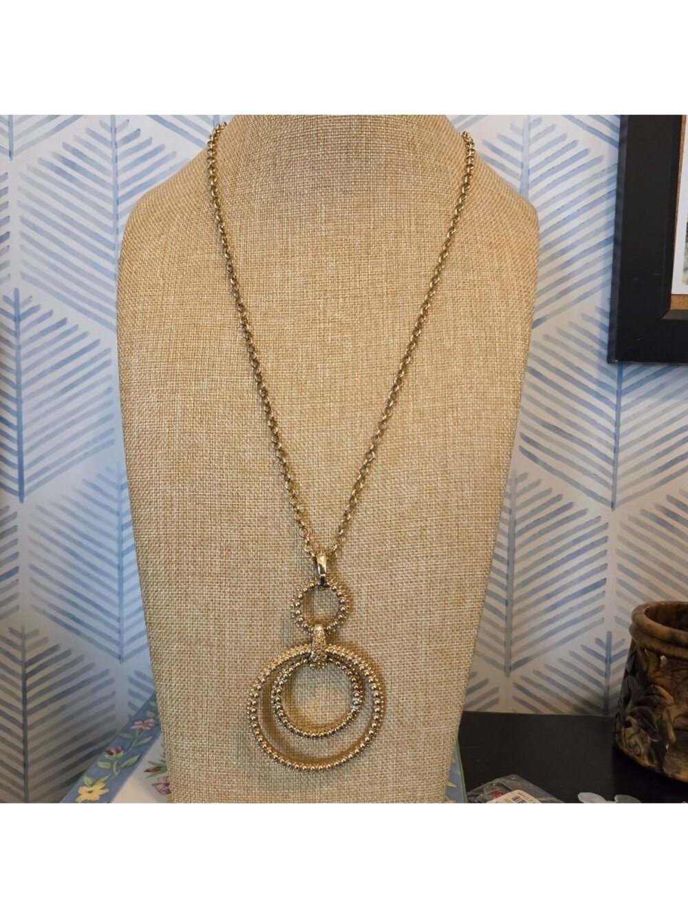 Chico's Textured Gold Tone Double Circle Pendant Necklace Long 42" Chain